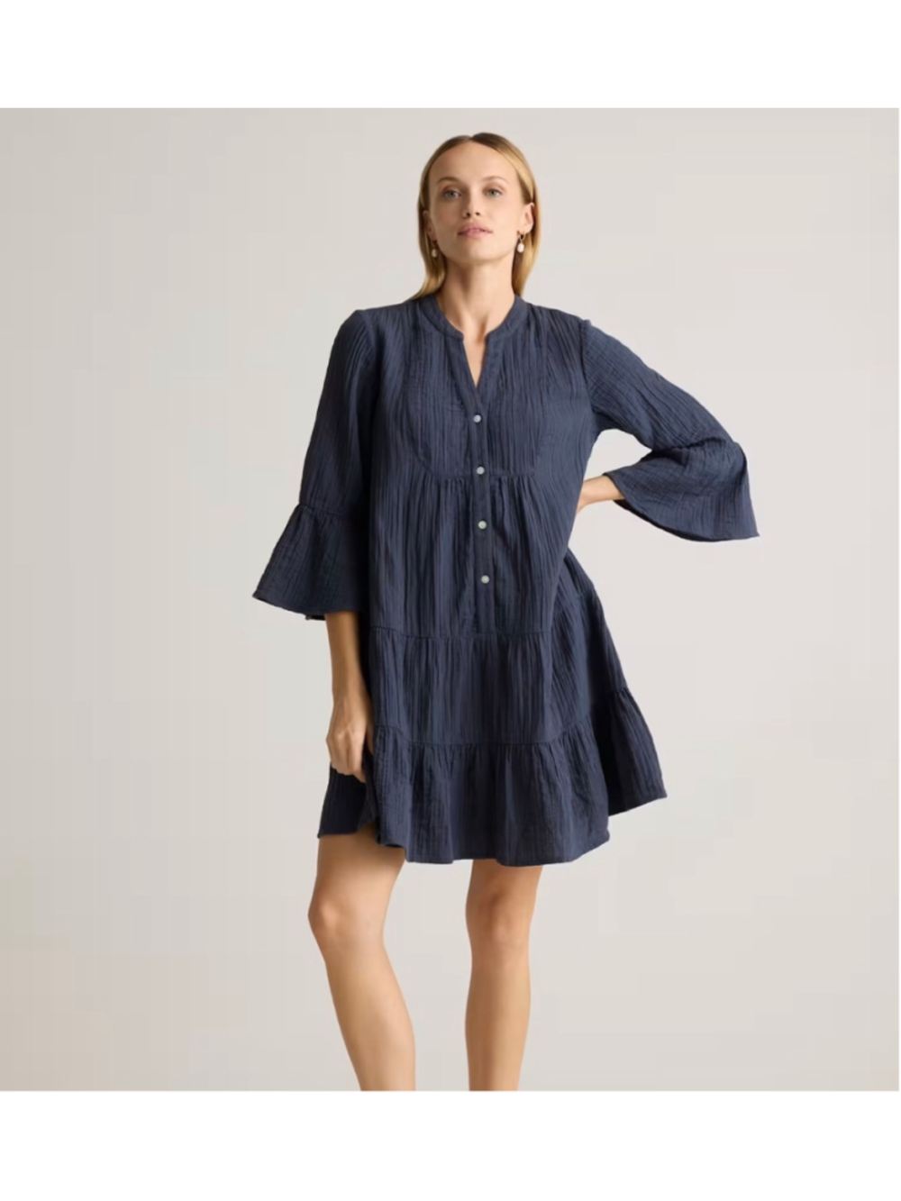 Women's Quince Organic Cotton Gauze Tiered Navy Blue Mini Dress Size Medium